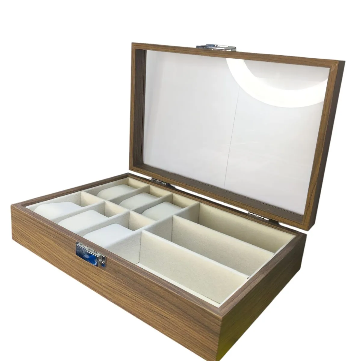 Organizador de Relojes y Lentes de Madera con Tapa Transparente 6 Relojes + 3 Lentes