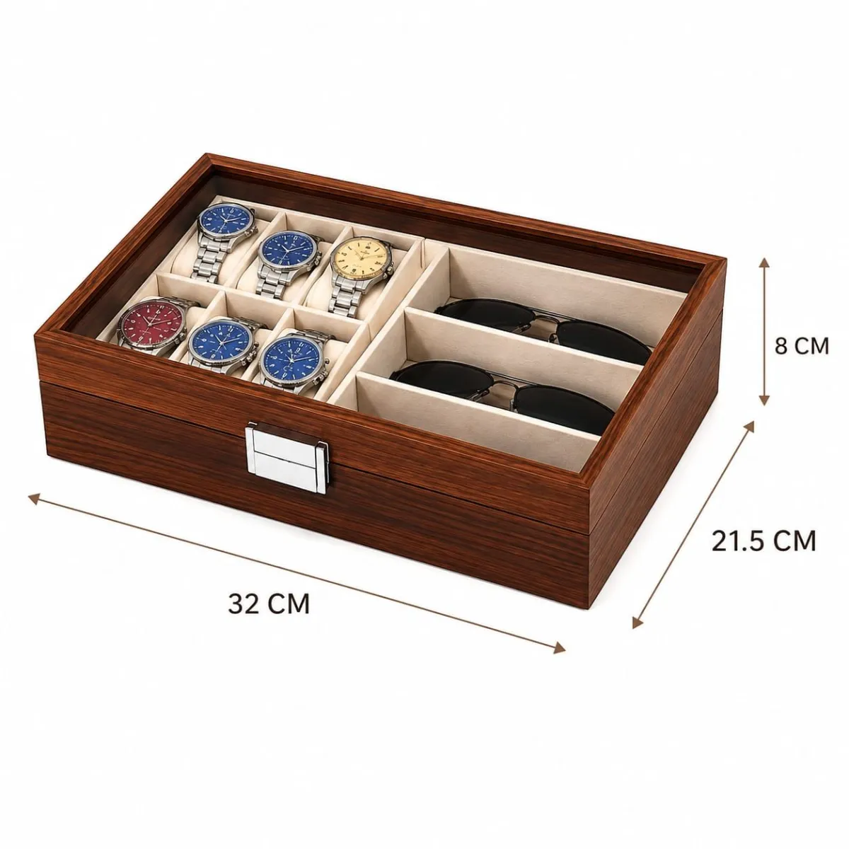 Organizador de Relojes y Lentes de Madera con Tapa Transparente 6 Relojes + 3 Lentes