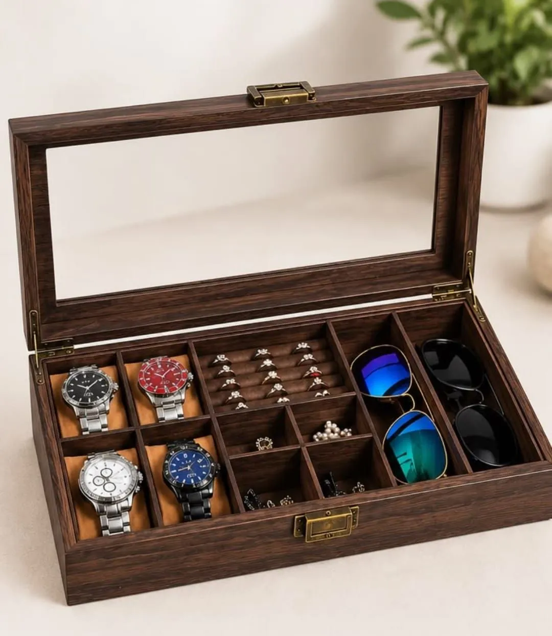 Caja Organizadora para 4 Relojes, Joyas y 2 Lentes con Tapa de Vidrio