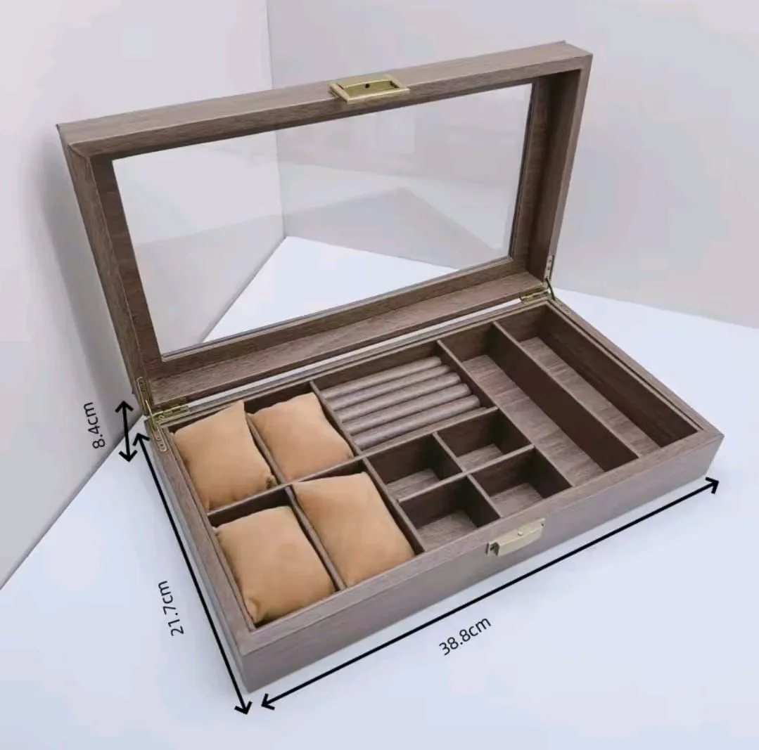 Caja Organizadora para 4 Relojes, Joyas y 2 Lentes con Tapa de Vidrio — Accesorios para relojes