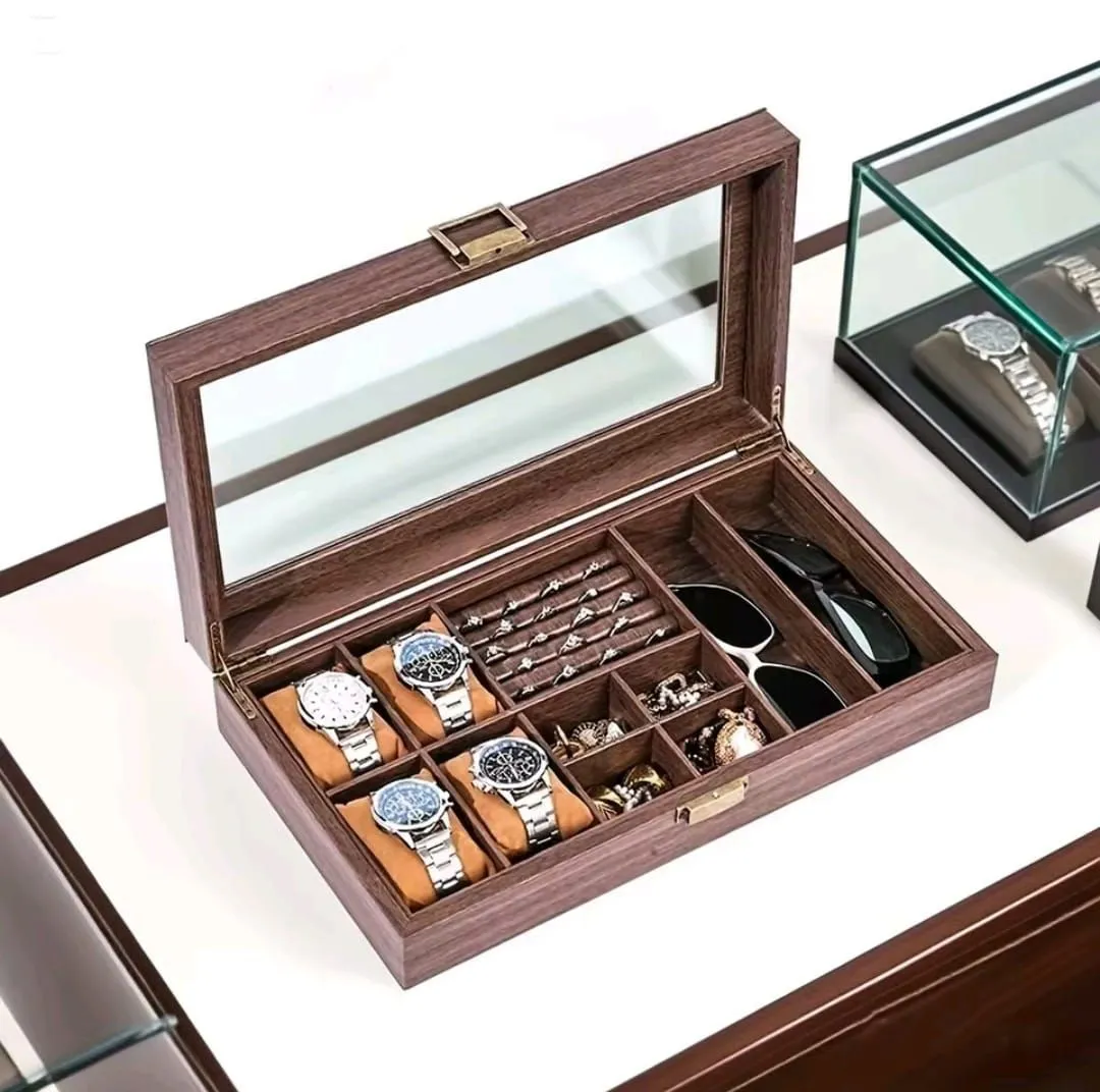 Caja Organizadora para 4 Relojes, Joyas y 2 Lentes con Tapa de Vidrio