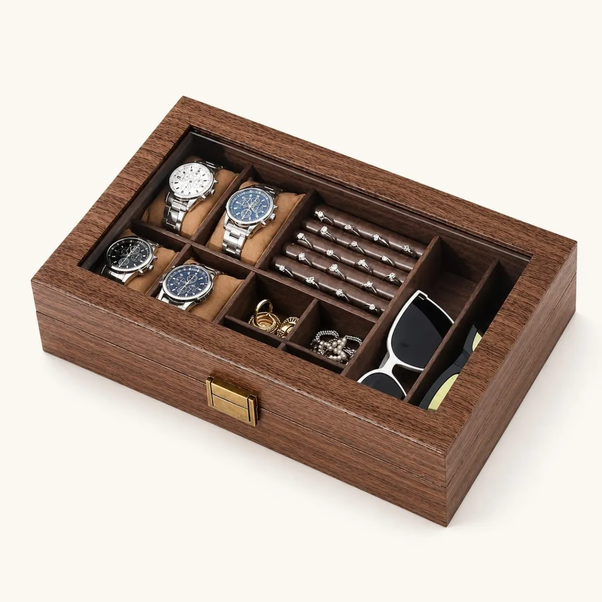 Caja Organizadora para 4 Relojes, Joyas y 2 Lentes con Tapa de Vidrio