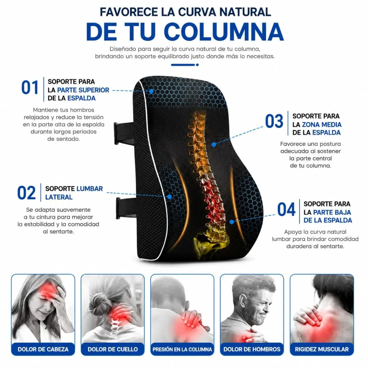 Respaldo Lumbar Ergonómico con Gel y Espuma Memory Foam para Silla — Otros implementos de rehabilitación