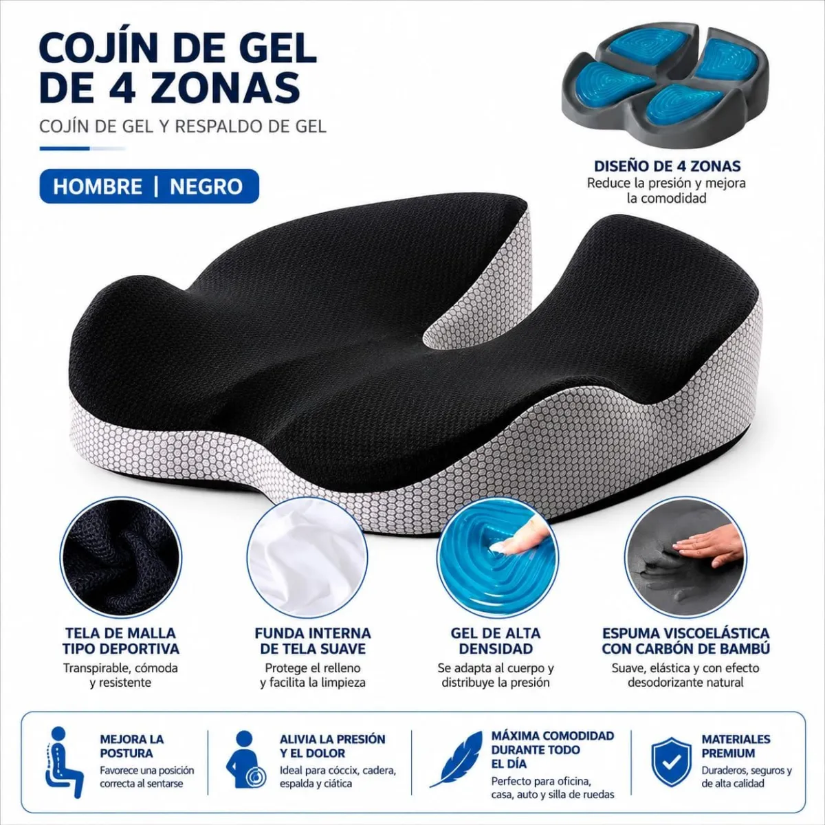 Cojín Ortopédico Ergonómico + Espaldar Lumbar 2 Piezas con Gel y Espuma Viscoelástica