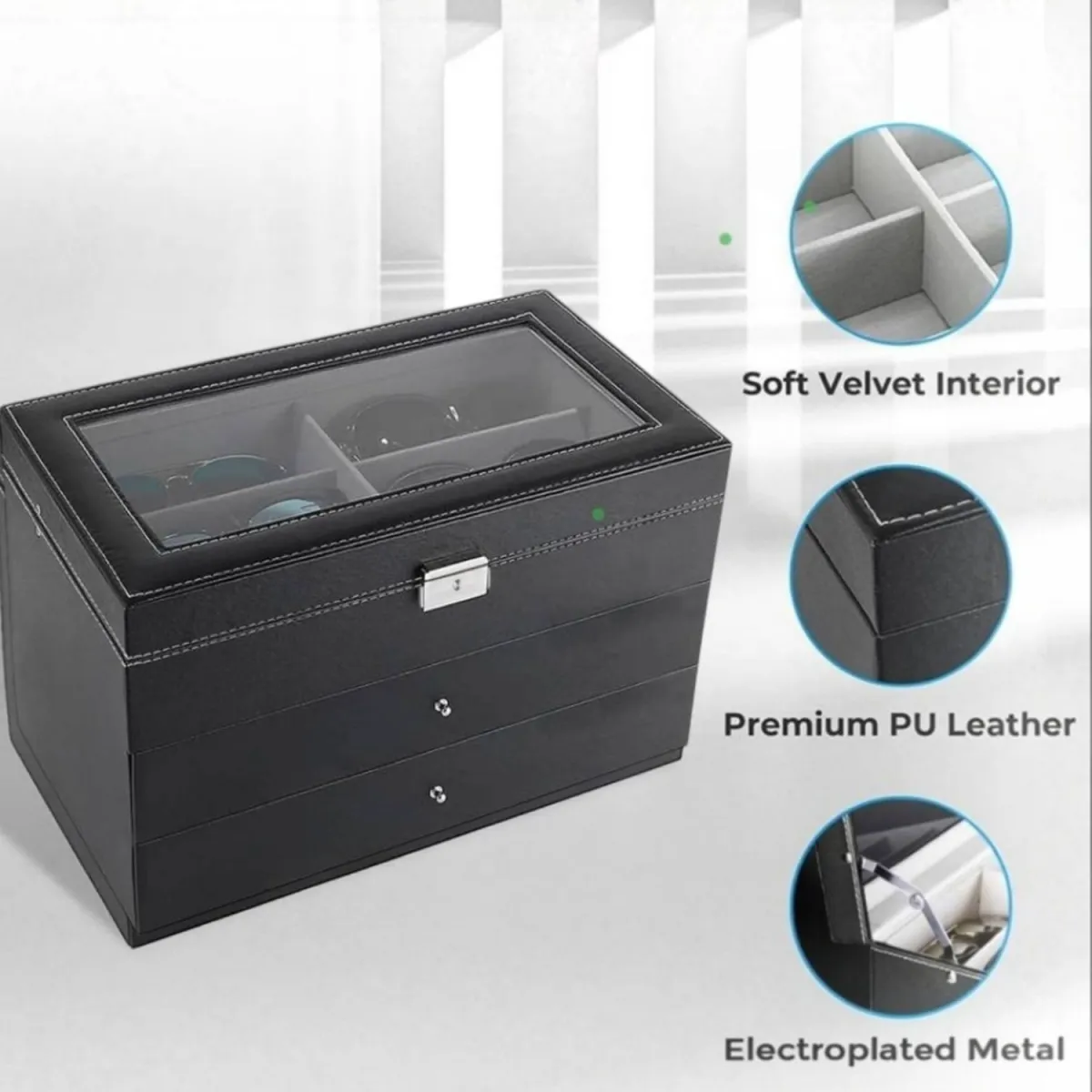 Caja Organizadora Premium para Lentes y Gafas con 3 Niveles y Llave — Accesorios para relojes
