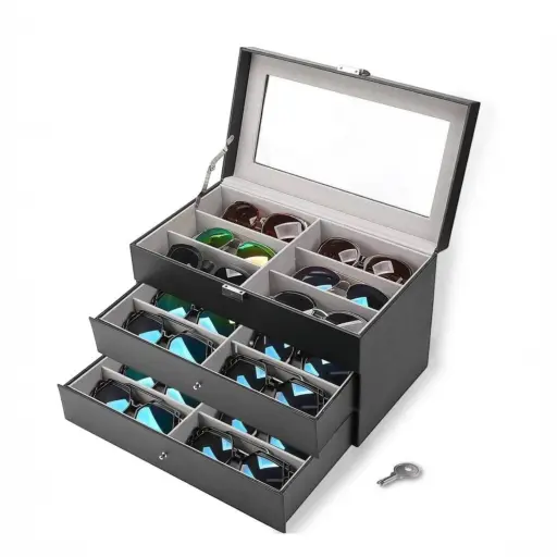 Caja Organizadora Premium para Lentes y Gafas con 3 Niveles y Llave — Accesorios para relojes