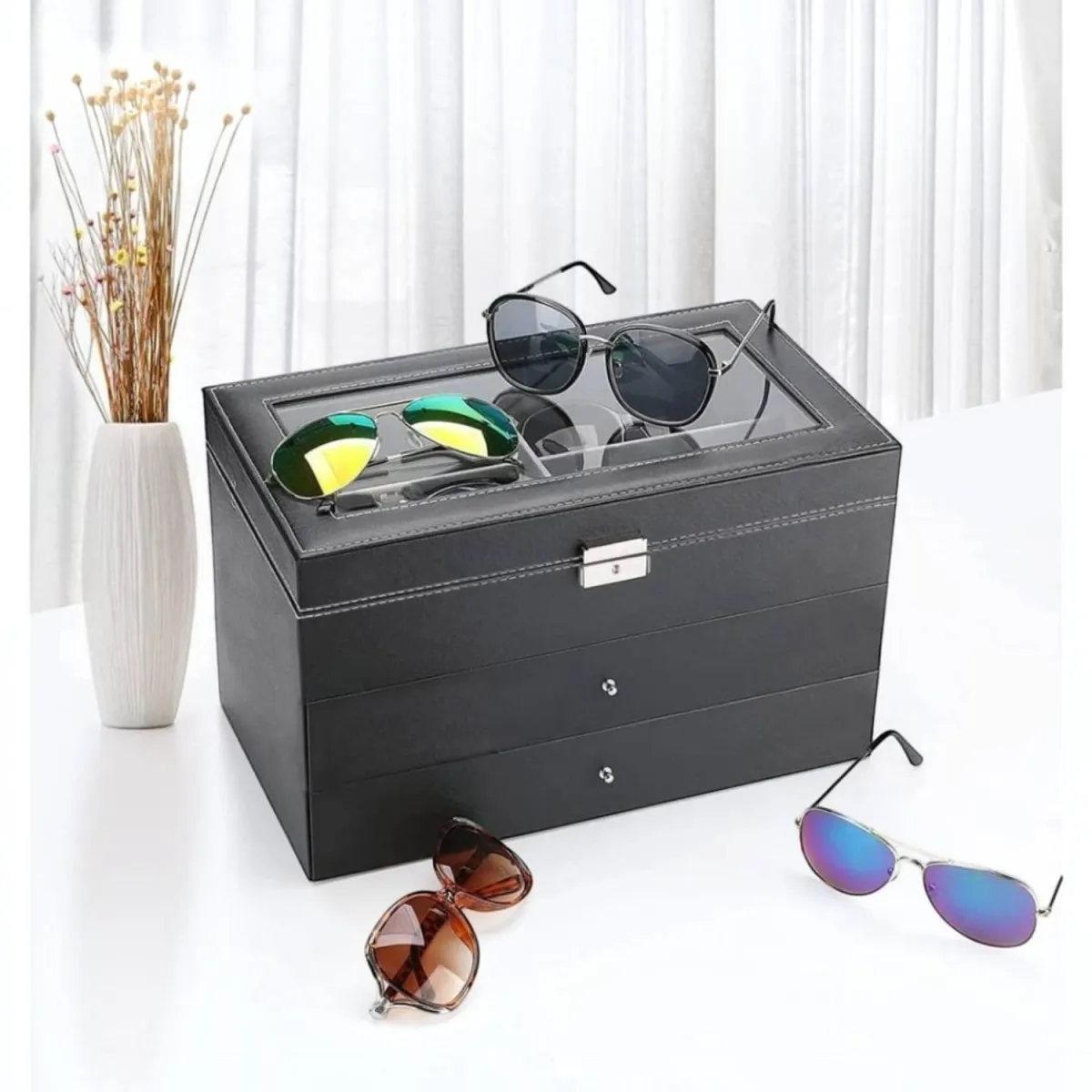 Caja Organizadora Premium para Lentes y Gafas con 3 Niveles y Llave