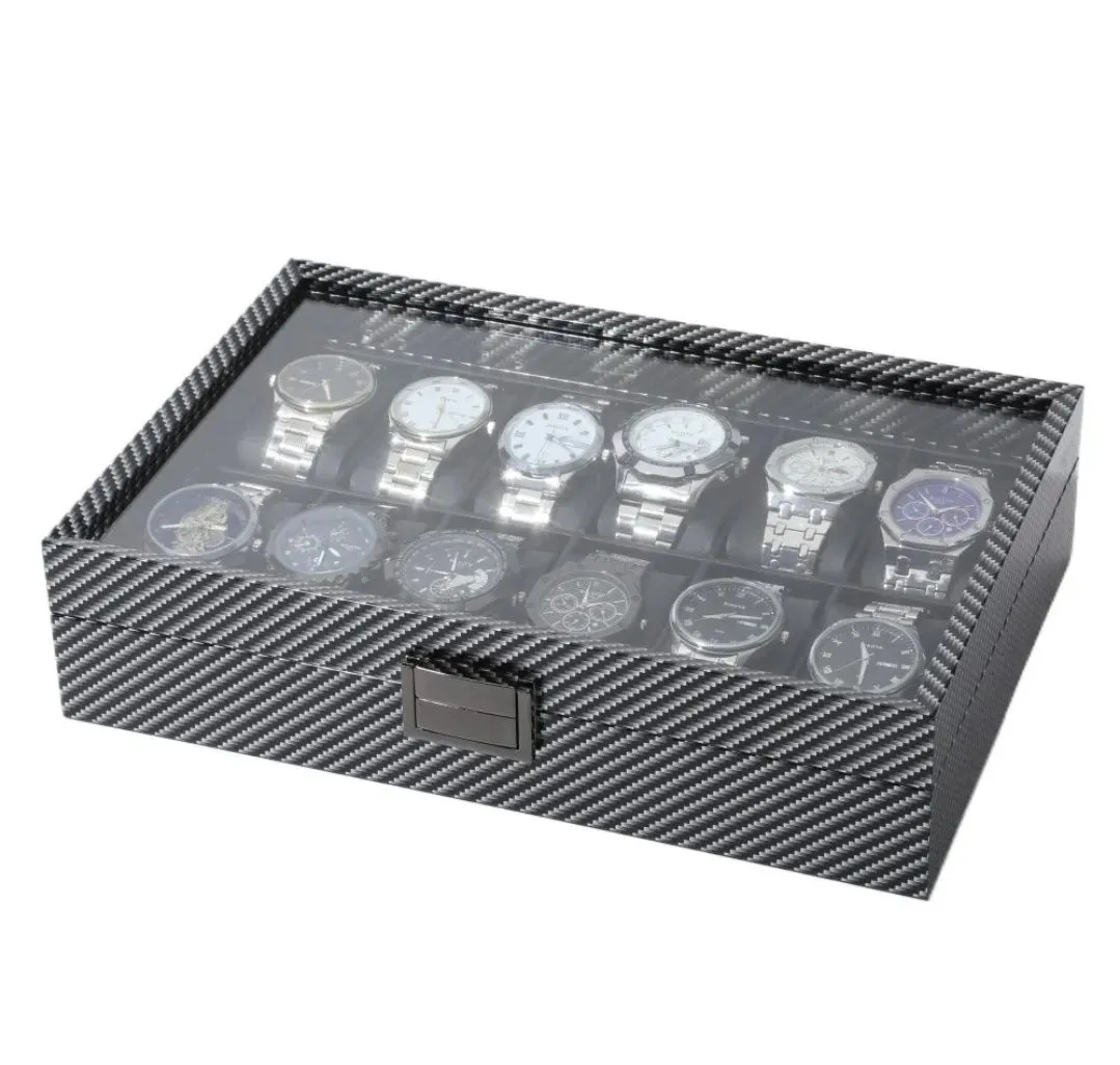 Organizador Porta Reloj para 12 Relojes con Tapa Transparente y Acabado Fibra de Carbono