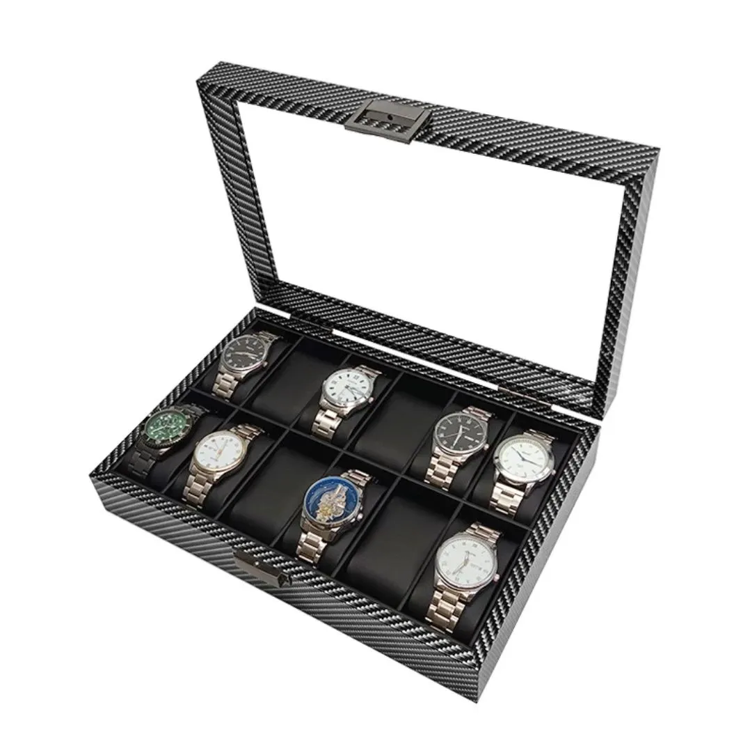 Organizador Porta Reloj para 12 Relojes con Tapa Transparente y Acabado Fibra de Carbono