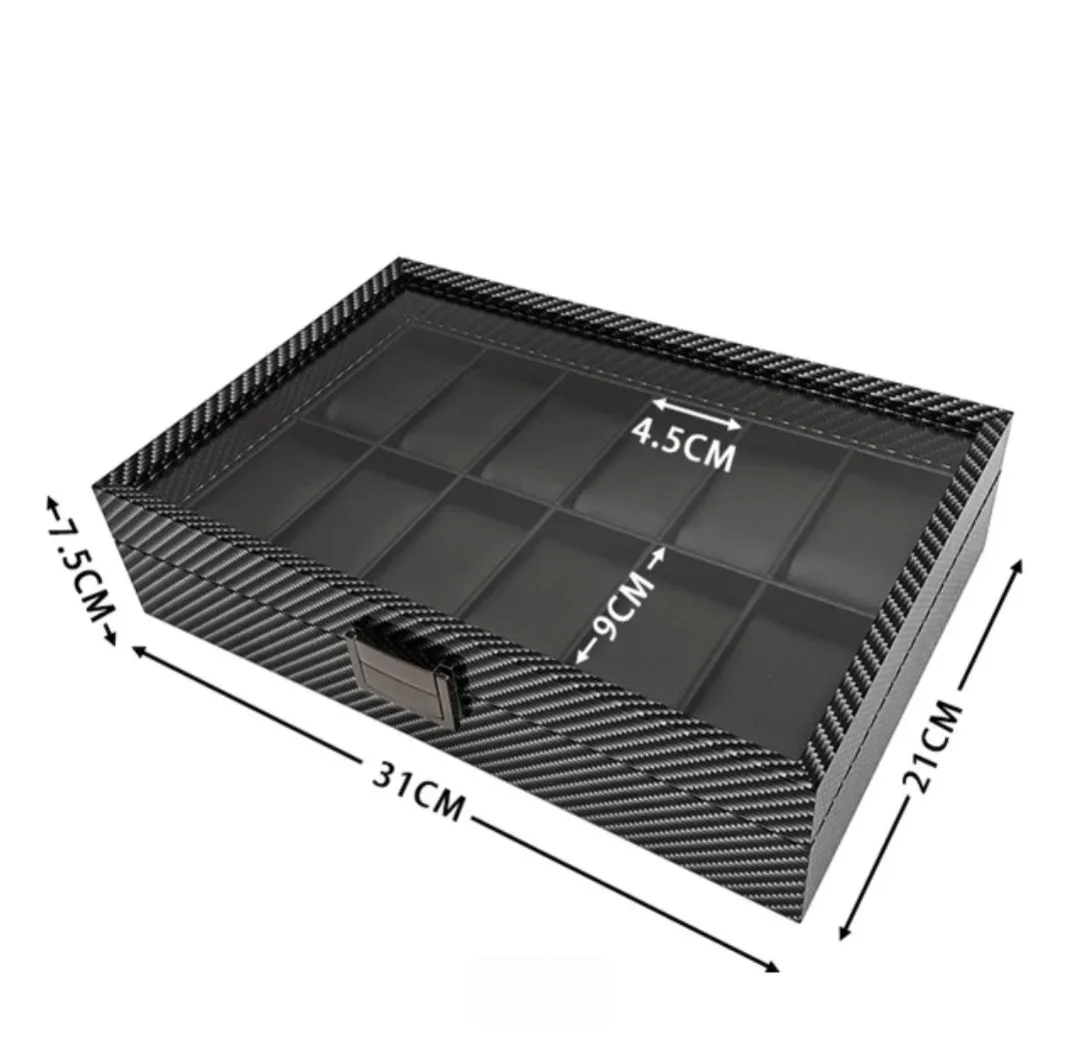 Organizador Porta Reloj para 12 Relojes con Tapa Transparente y Acabado Fibra de Carbono
