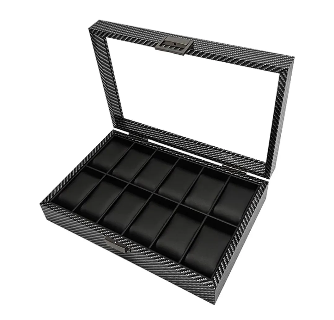 Organizador Porta Reloj para 12 Relojes con Tapa Transparente y Acabado Fibra de Carbono