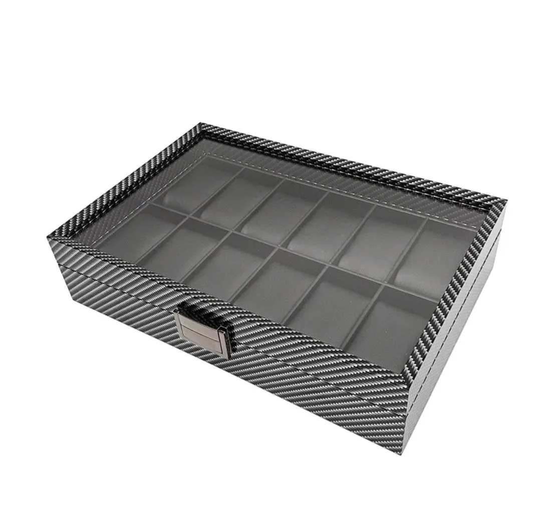 Organizador Porta Reloj para 12 Relojes con Tapa Transparente y Acabado Fibra de Carbono — Accesorios para relojes