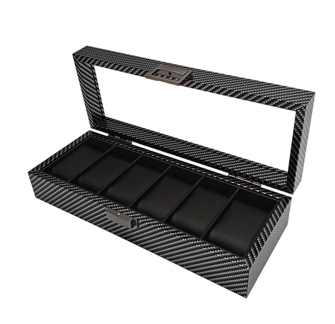 Organizador porta reloj para 6 Relojes Diseño Fibra de Carbono con Tapa Transparente — Accesorios para relojes