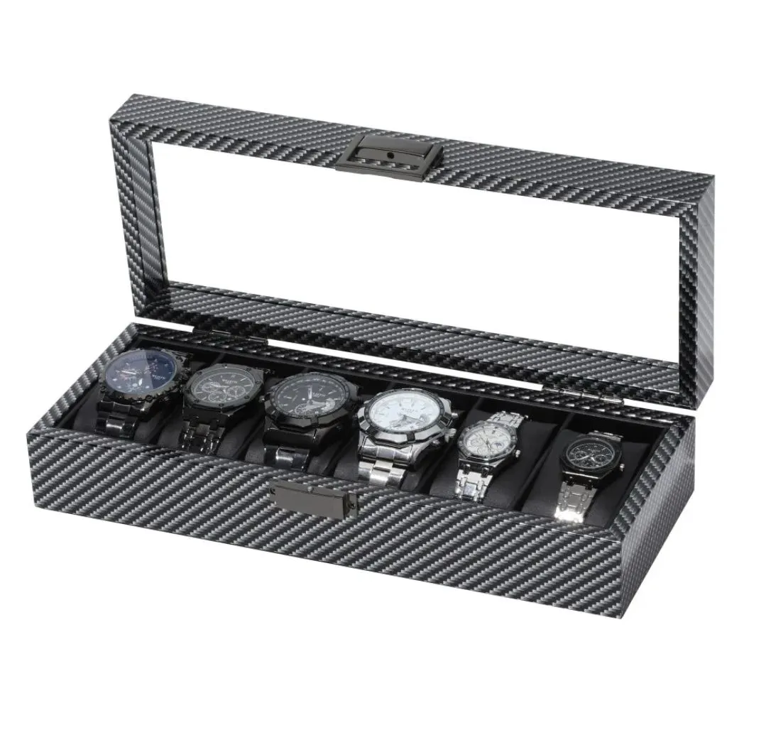 Organizador porta reloj para 6 Relojes Diseño Fibra de Carbono con Tapa Transparente