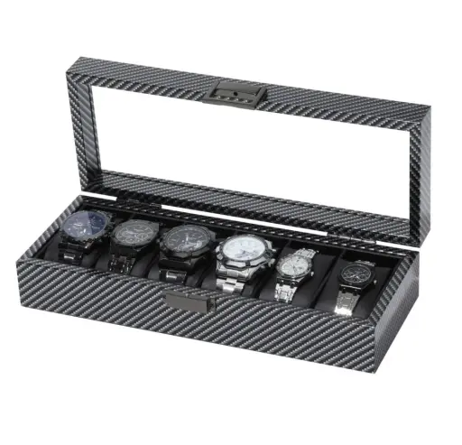 Organizador porta reloj para 6 Relojes Diseño Fibra de Carbono con Tapa Transparente — Accesorios para relojes