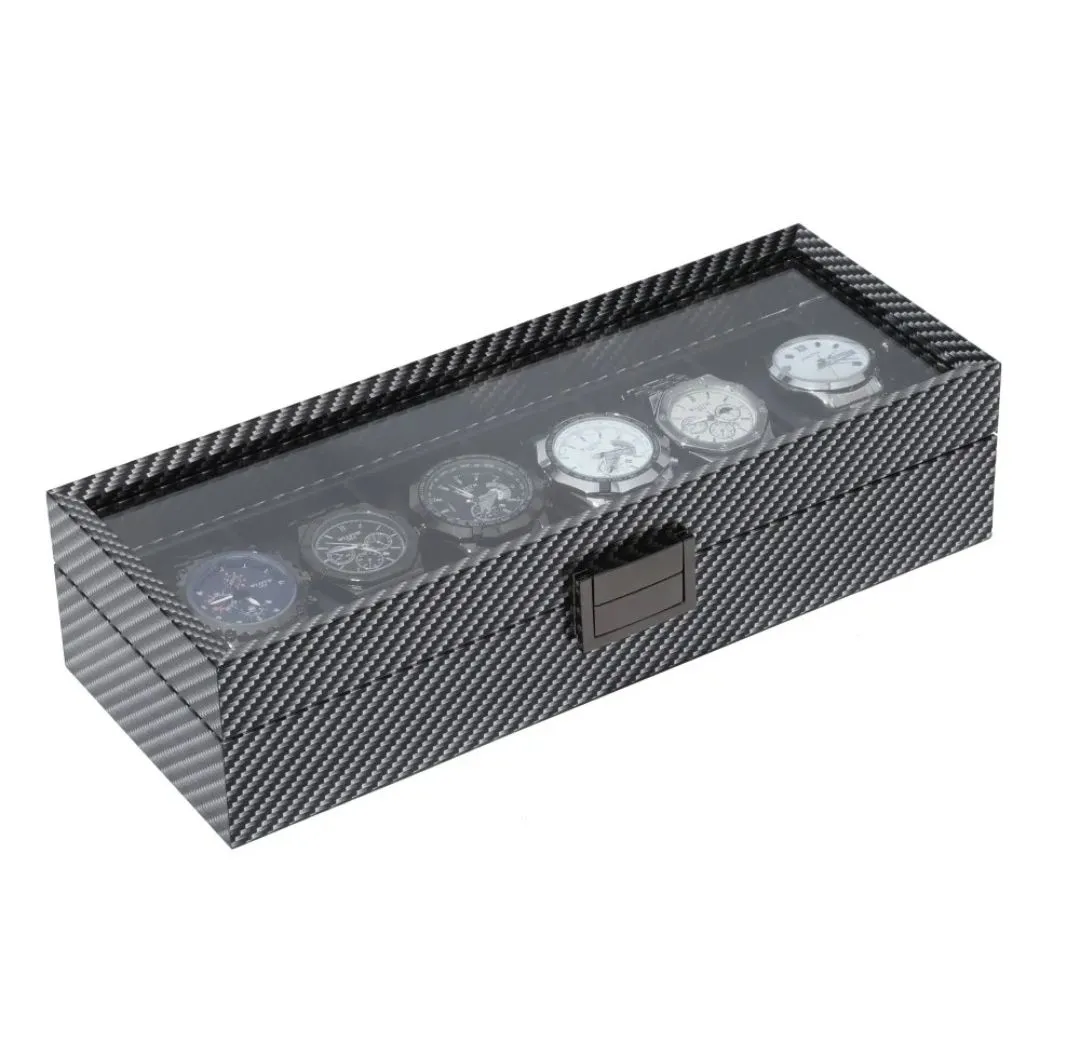 Organizador porta reloj para 6 Relojes Diseño Fibra de Carbono con Tapa Transparente