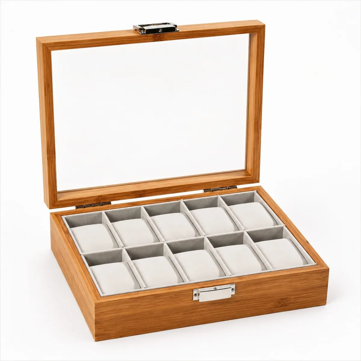 Organizador Porta Reloj para 10 Relojes de Bambú con Tapa de Vidrio y Cerradura