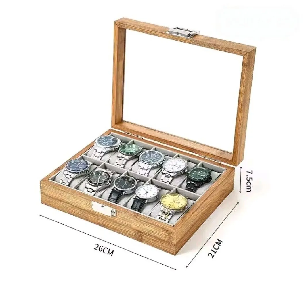 Organizador Porta Reloj para 10 Relojes de Bambú con Tapa de Vidrio y Cerradura — Accesorios para relojes