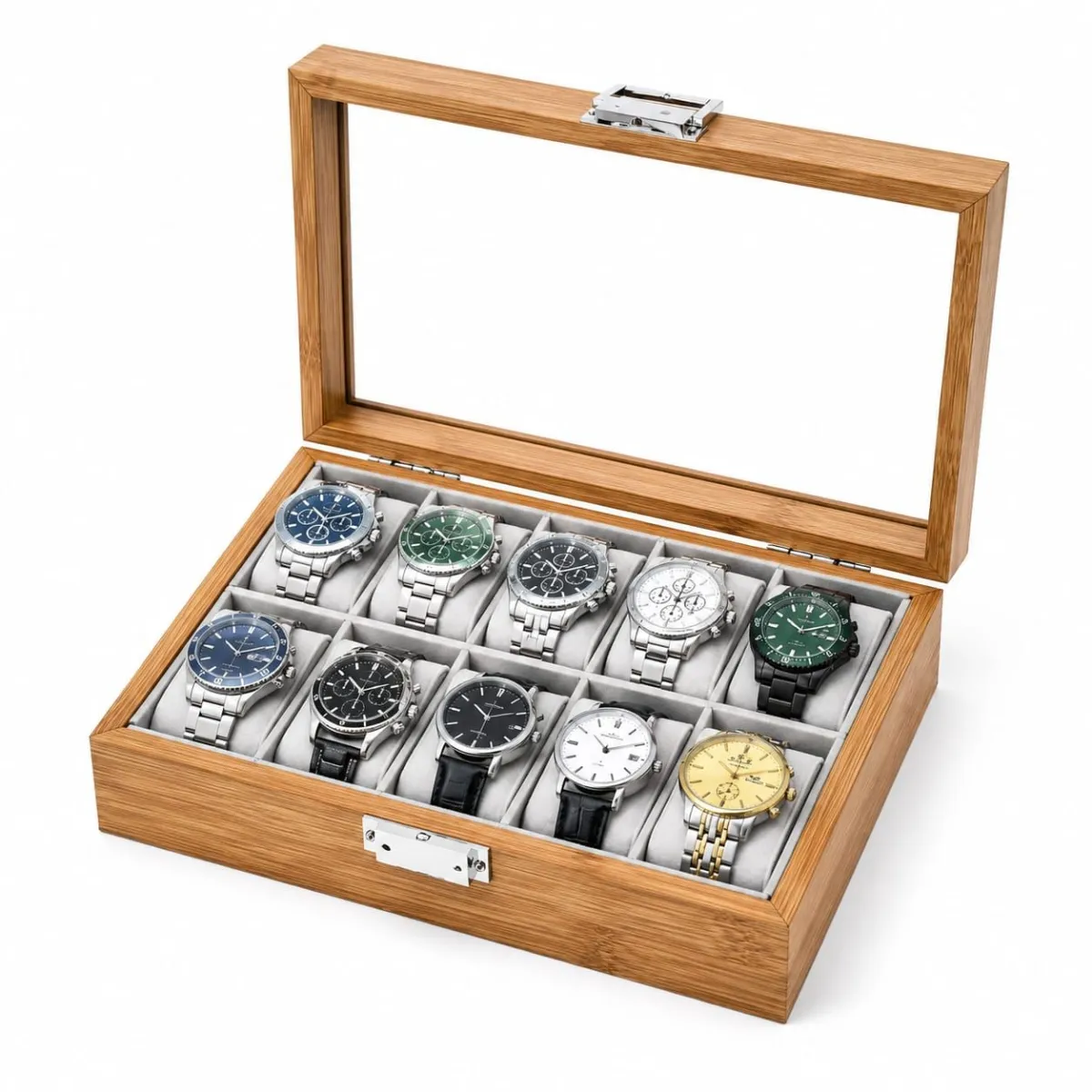 Organizador Porta Reloj para 10 Relojes de Bambú con Tapa de Vidrio y Cerradura