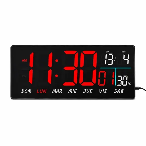 Reloj Digital LED de Pared con Alarma, Fecha y Temperatura 36x16cm — Relojes