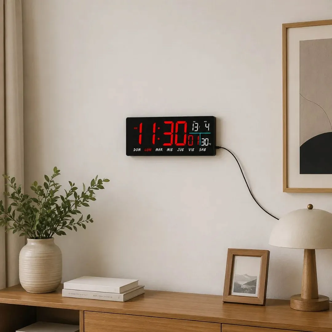 Reloj Digital LED de Pared con Alarma, Fecha y Temperatura 36x16cm