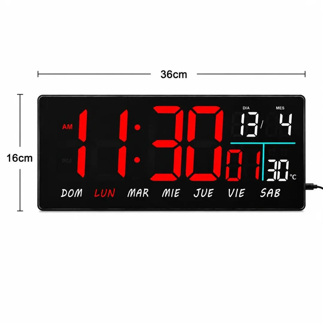 Reloj Digital LED de Pared con Alarma, Fecha y Temperatura 36x16cm — Relojes