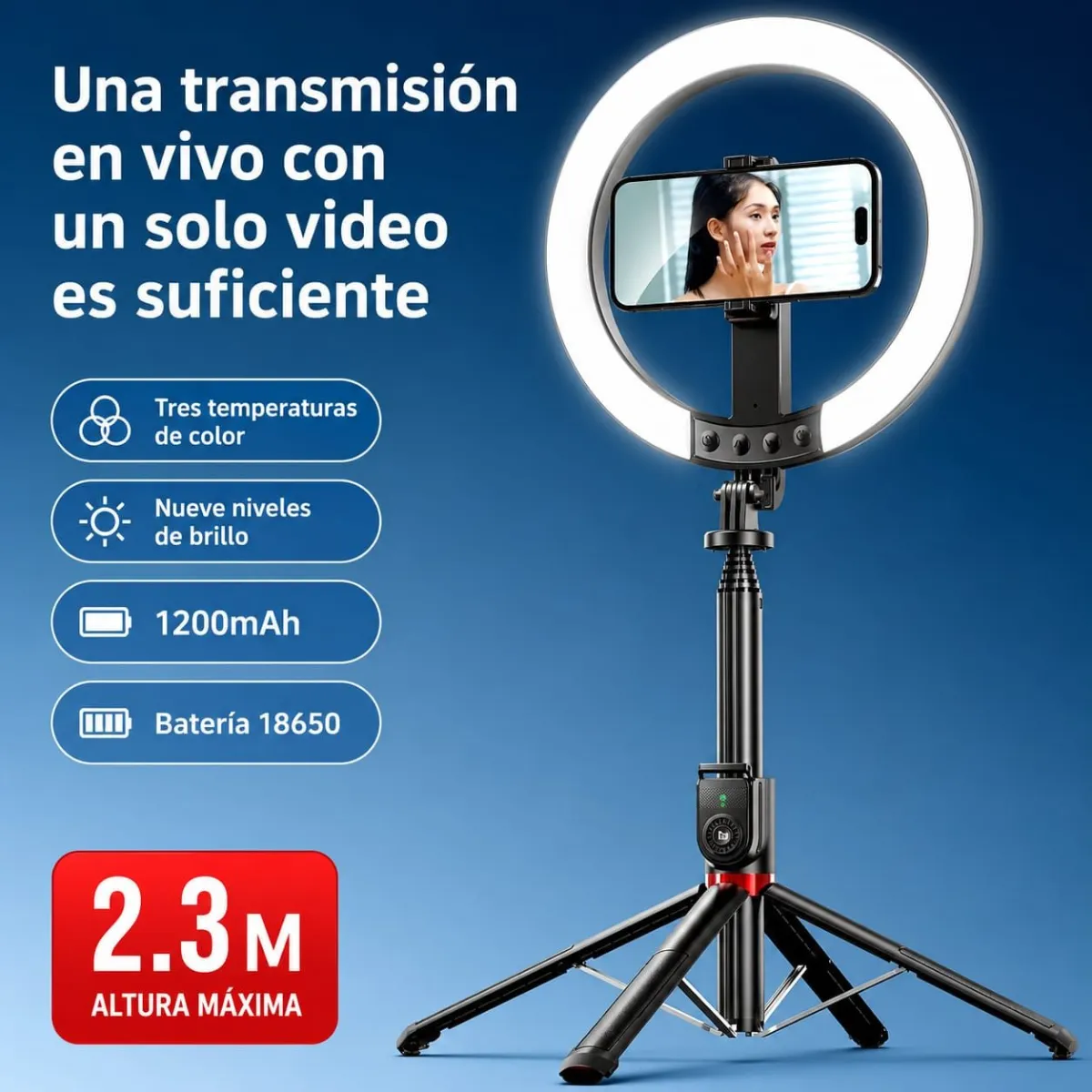 Aro de Luz LED 2.3M Recargable con Trípode y Soporte para Celular | Selfie Stick