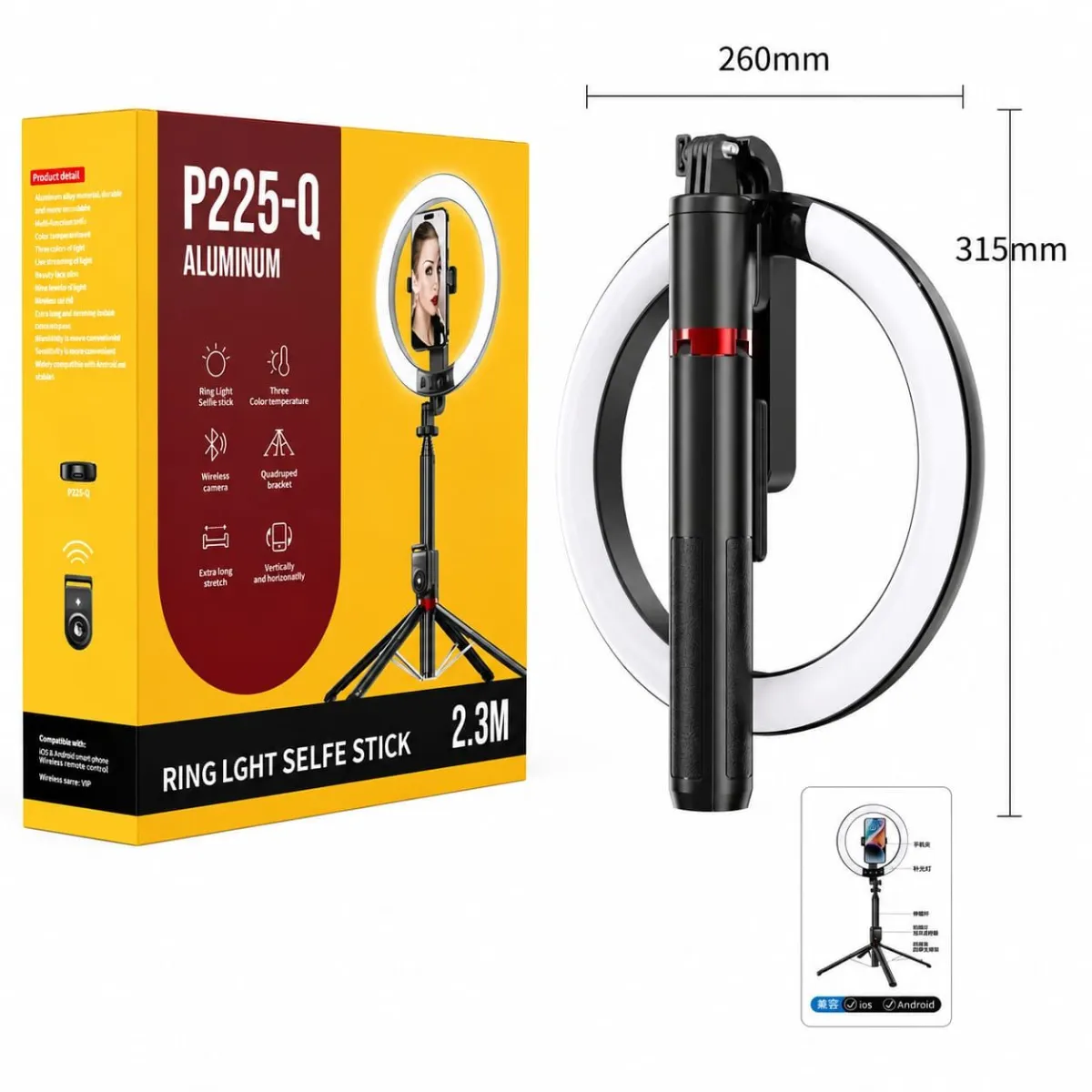 Aro de Luz LED 2.3M Recargable con Trípode y Soporte para Celular | Selfie Stick